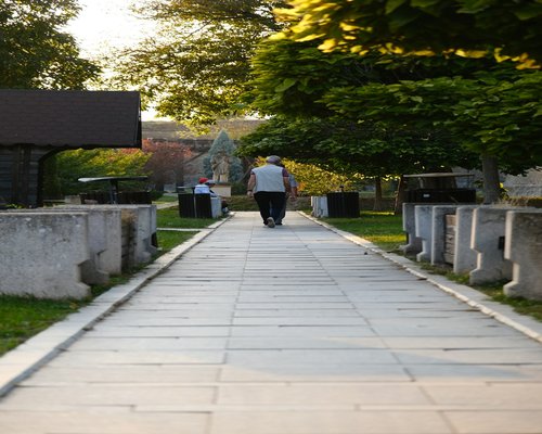 A healthy person walking calmly through a sunny urban park pathway
