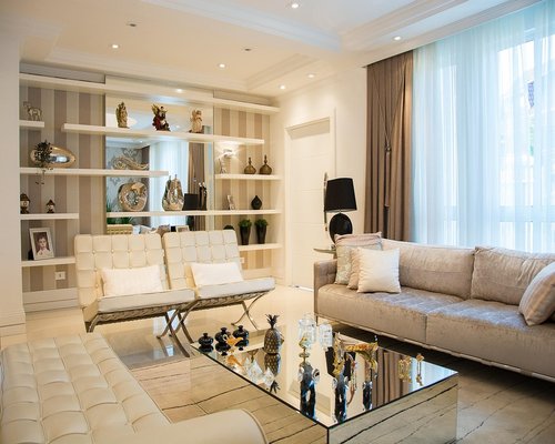 A modern styled cozy and bright living room workspace setup